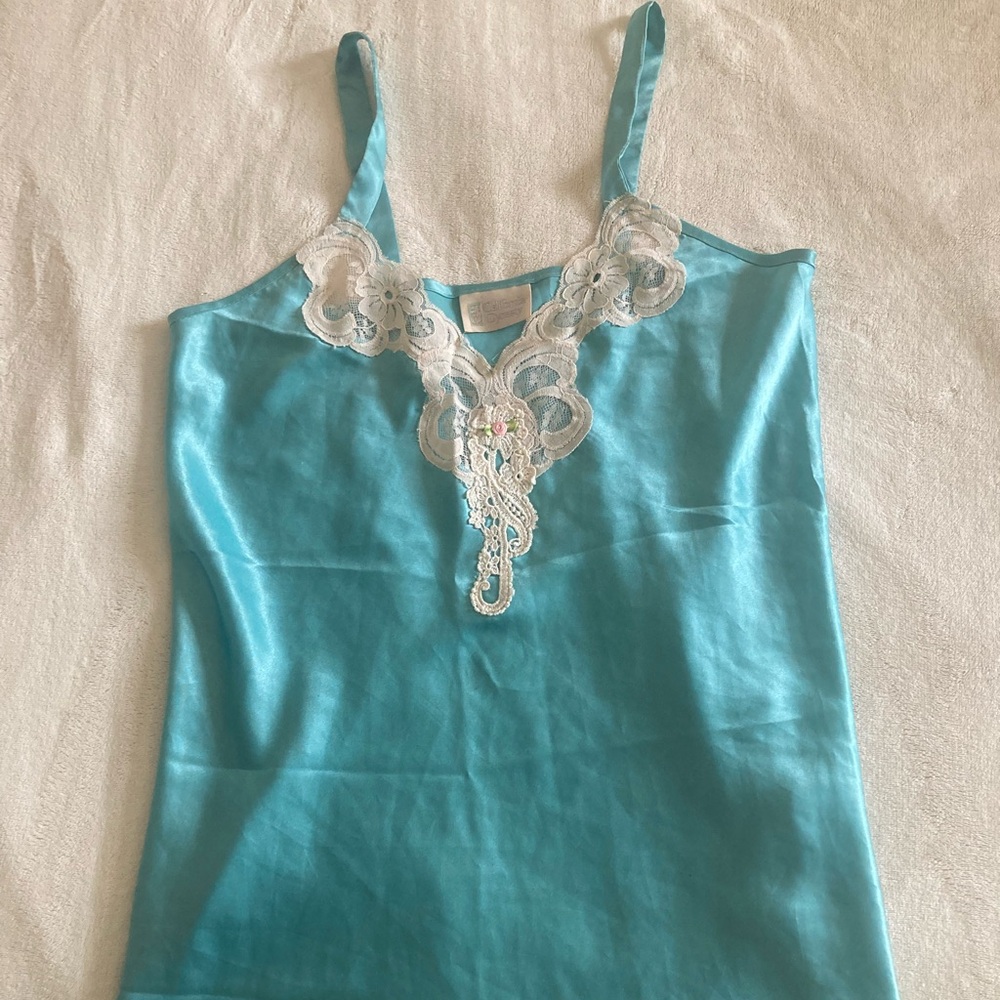 California Dynasty vintage aqua satin and lace nightgown